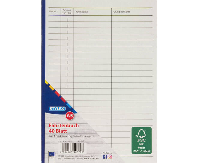 Driver's log book, DIN A5, 40 sheets